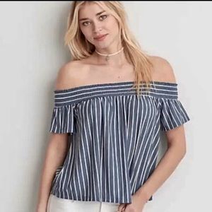 NWT American Eagle Blue/White Striped Off-Shoulder Top
